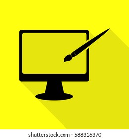 Monitor with brush sign. Black icon with flat style shadow path on yellow background.