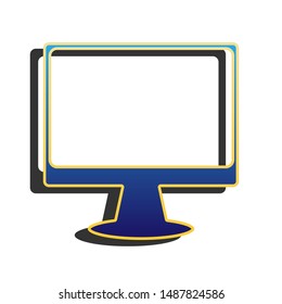 Monitor with brush sign. Blue icon with gold contour with dark gray shadow at white background. Illustration.