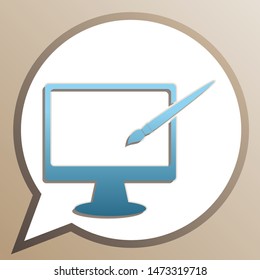 Monitor with brush sign. Bright cerulean icon in white speech balloon at pale taupe background. Illustration.