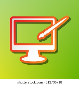 Monitor with brush sign. Contrast icon with reddish stroke on green backgound.