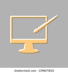 Monitor with brush sign. Emboss effect with light orange icon on gray background.