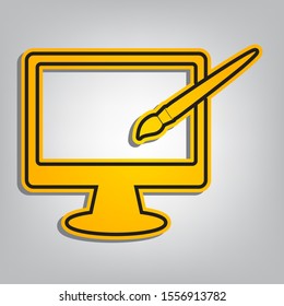 Monitor with brush sign. Flat orange icon with overlapping linear black icon with gray shadow at whitish background. Illustration.