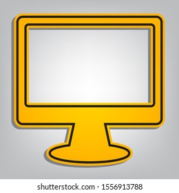 Monitor with brush sign. Flat orange icon with overlapping linear black icon with gray shadow at whitish background. Illustration.