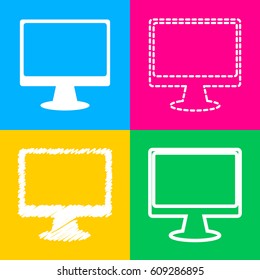 Monitor with brush sign. Four styles of icon on four color squares.