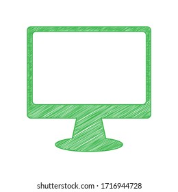 Monitor con signo de pincel. Ícono de garabato verde con contorno sólido sobre fondo blanco.  Ilustración.