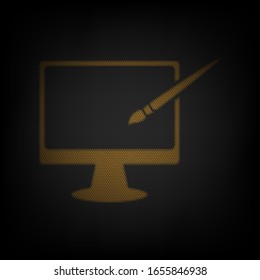 Monitor con signo de pincel. Icono de la rejilla de una pequeña bombilla naranja en la oscuridad. Ilustración.