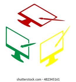 Monitor with brush sign. Isometric style of red, green and yellow icon.