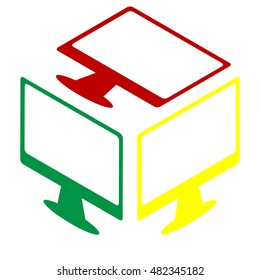 Monitor with brush sign. Isometric style of red, green and yellow icon.
