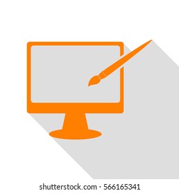 Monitor with brush sign. Orange icon with flat style shadow path.