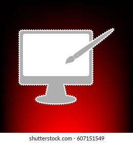 Monitor with brush sign. Postage stam or old photo style on red-black gradient background.
