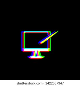 Monitor with brush sign. Red, green and blue unfocused contour icon at black background. Illustration.