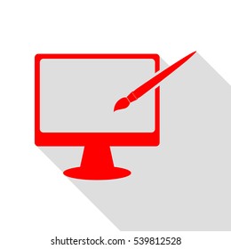 Monitor with brush sign. Red icon with flat style shadow path.