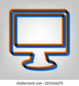 Monitor con signo de pincel. Icono marcado en colores naranja, azul y lavanda antigua en fondo gris. Ilustración.
