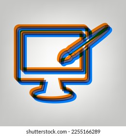 Monitor with brush sign. Stroked Icon in orange, azure and old lavender Colors at gray Background. Illustration.