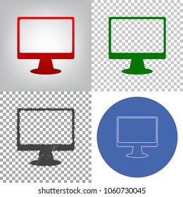 Monitor with brush sign. Vector. 4 styles. Red gradient in radial lighted background, green flat and gray scribble icons on transparent and linear one in blue circle.