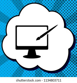 Monitor with brush sign. Vector. Black icon in bubble on blue pop-art background with rays.