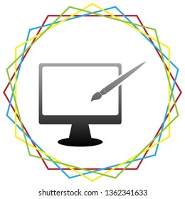 Monitor with brush sign. Vector. Black icon with patch of light inside colorful hexagonal frames at white background.