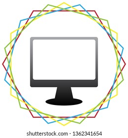 Monitor with brush sign. Vector. Black icon with patch of light inside colorful hexagonal frames at white background.