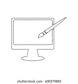 Monitor with brush sign. Vector. Black dotted icon on white background. Isolated.