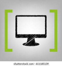 Monitor with brush sign. Vector. Black scribble icon in citron brackets on grayish background.