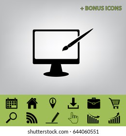 Monitor with brush sign. Vector. Black icon at gray background with bonus icons 