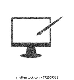 Monitor with brush sign. Vector. Black icon from many ovelapping circles with random opacity on white background. Noisy. Isolated.