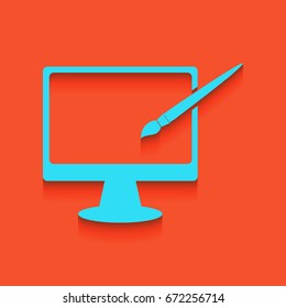 Monitor with brush sign. Vector. Blue icon with soft shadow putted down on flamingo background.
