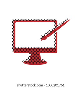Monitor with brush sign. Vector. Brown icon with shifted black circle pattern as duplicate at white background. Isolated.