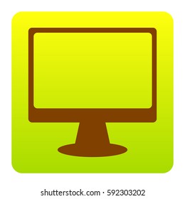 Monitor with brush sign. Vector. Brown icon at green-yellow gradient square with rounded corners on white background. Isolated.
