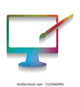 Monitor with brush sign. Vector. Colorful icon with bright texture of mosaic with soft shadow on white background. Isolated.