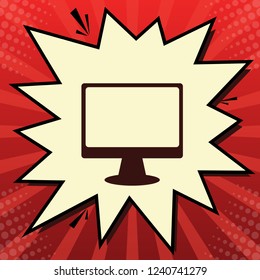 Monitor with brush sign. Vector. Dark red icon in lemon chiffon shutter bubble at red popart background with rays.