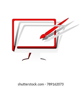 Monitor with brush sign. Vector. Detachable paper icon with red body stock. Isolated.