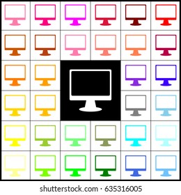 Monitor with brush sign. Vector. Felt-pen 33 colorful icons at white and black backgrounds. Colorfull.