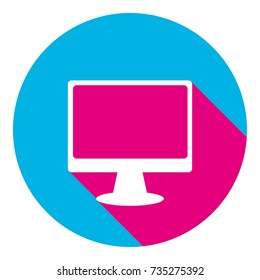 Monitor with brush sign. Vector. Flat white icon with mexican pink shadow inside sky blue(S and G) circle at white background. Isolated. Trend colors in 2017.