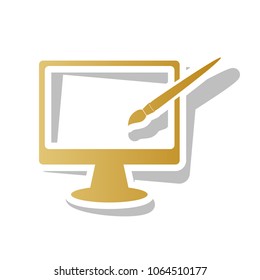 Monitor with brush sign. Vector. Golden gradient icon with white contour and rotated gray shadow at white background.