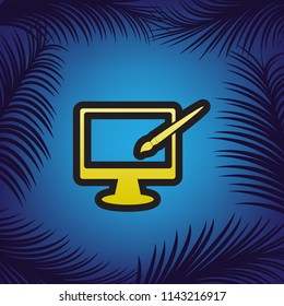 Monitor with brush sign. Vector. Golden icon with black contour at blue background with branches of palm trees.
