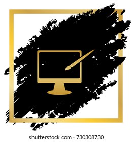 Monitor with brush sign. Vector. Golden icon at black spot inside golden frame on white background.