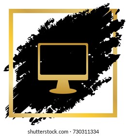 Monitor with brush sign. Vector. Golden icon at black spot inside golden frame on white background.
