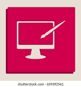 Monitor with brush sign. Vector. Grayscale version of Popart-style icon.