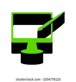 Monitor with brush sign. Vector. Green 3d icon with black side on white background. Isolated.