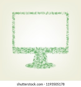 Monitor with brush sign. Vector. Green hexagon rastered icon and noised opacity and size at light green background with central light.