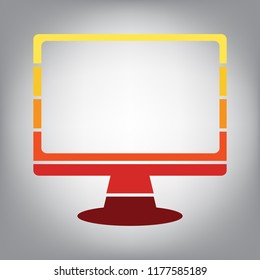 Monitor with brush sign. Vector. Horizontally sliced icon with colors from sunny gradient in gray background.