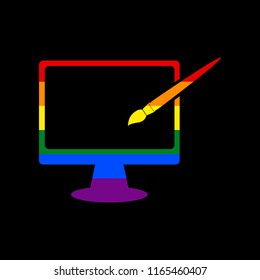 Monitor with brush sign. Vector. Icon with colors of LGBT flag at black background.