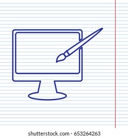 Monitor with brush sign. Vector. Navy line icon on notebook paper as background with red line for field.
