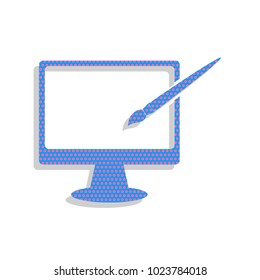 Monitor with brush sign. Vector. Neon blue icon with cyclamen polka dots pattern with light gray shadow on white background. Isolated.