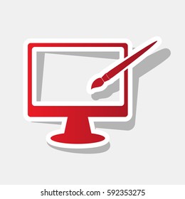 Monitor with brush sign. Vector. New year reddish icon with outside stroke and gray shadow on light gray background.