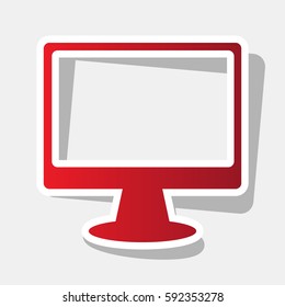 Monitor with brush sign. Vector. New year reddish icon with outside stroke and gray shadow on light gray background.