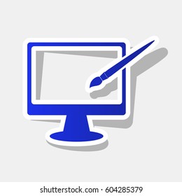 Monitor with brush sign. Vector. New year bluish icon with outside stroke and gray shadow on light gray background.