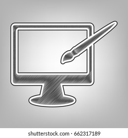 Monitor with brush sign. Vector. Pencil sketch imitation. Dark gray scribble icon with dark gray outer contour at gray background.