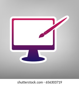 Monitor with brush sign. Vector. Purple gradient icon on white paper at gray background.